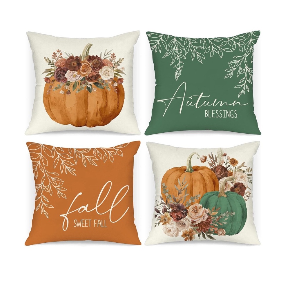 Set of 4 Fall Pumpkin Floral Pillow Covers 16x16 Thanksgiving NWOT